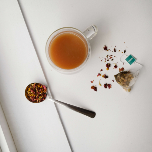 Delicious herbal tea options: Davids Tea Cinnamon Chai Rooibos and Veda Wellness Glow Tea.